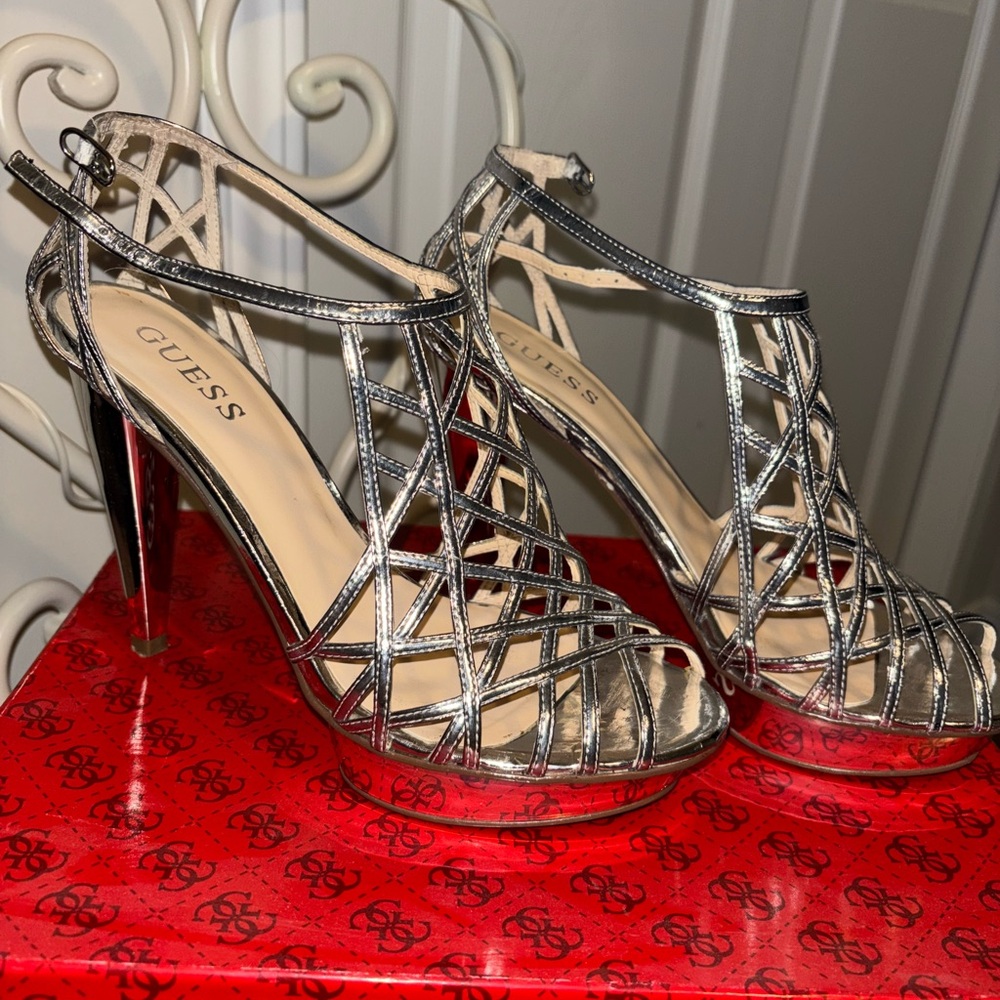 GUESS Silver Strappy Heels